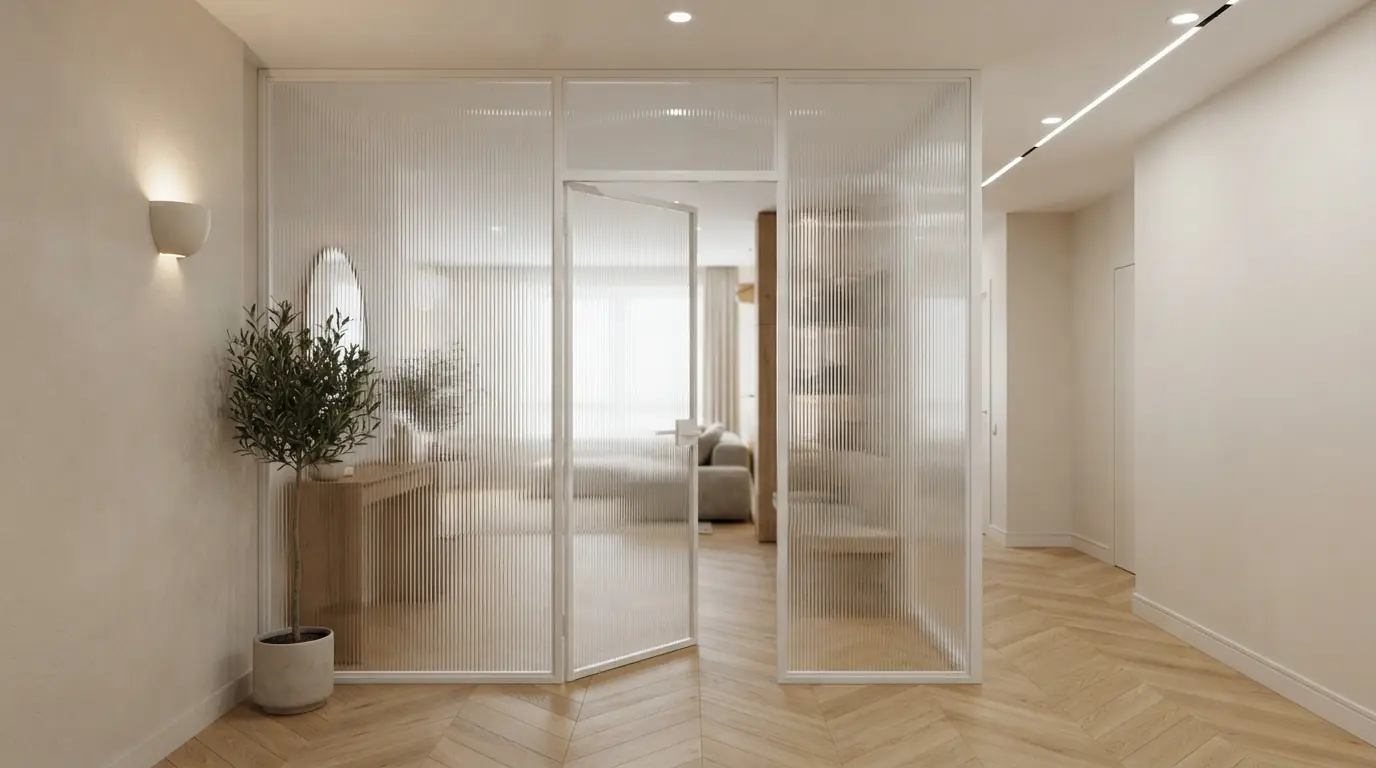 Перегородки для спальни из матового стекла — общий вид готовой конструкции