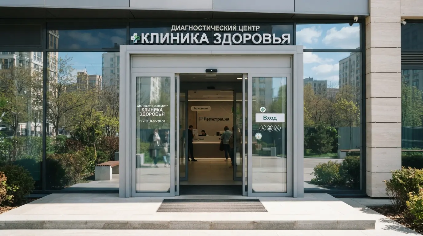 Автоматические двери на входе в клинику
