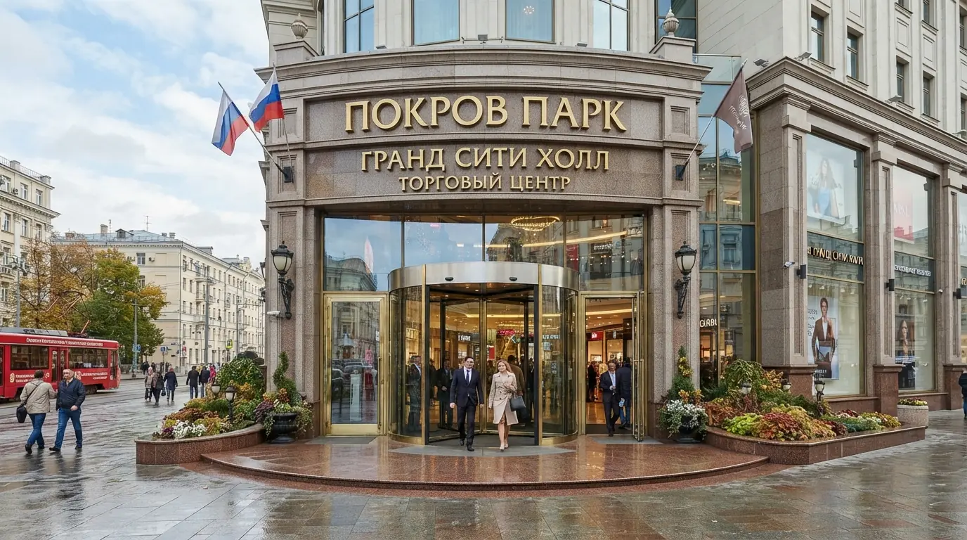 Вход в комплекс с карусельными дверями, общий план