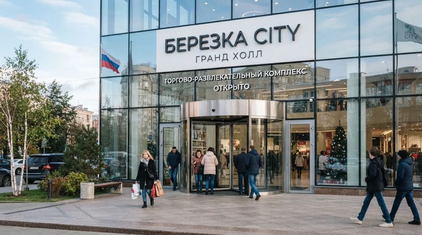 Карусельные двери у входа в торговую галерею, вид снаружи